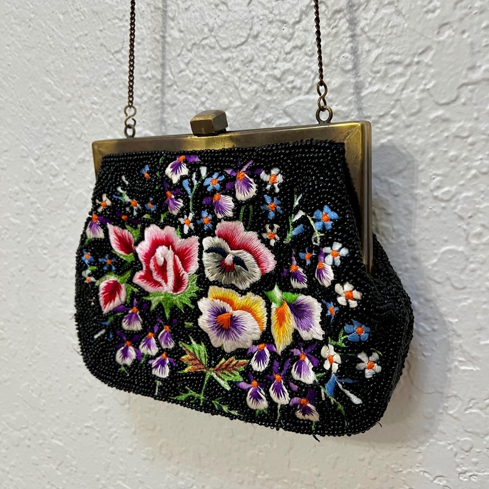 Vintage Hand Beaded Floral Silk Lined Evening Bag Black Needlepoint Clutch India